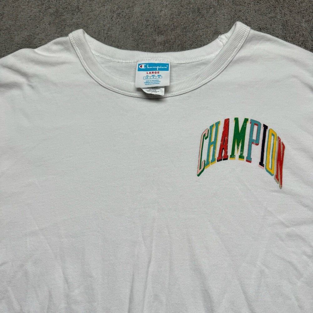 Champion Boyfriend T-shirt Womens Large White Rainbow Spell Out Long Sleeve Tee